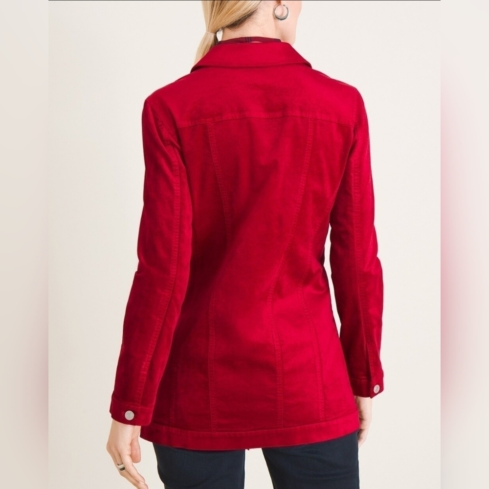 Chico's Elongated Velveteen Jacket Red Velvet Long Trucker Shacket Coat Size 2P - Picture 3 of 16